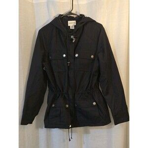 St. John's Bay Black Hooded Anorak Jacket Mid-Length Zip Snap, Women's M